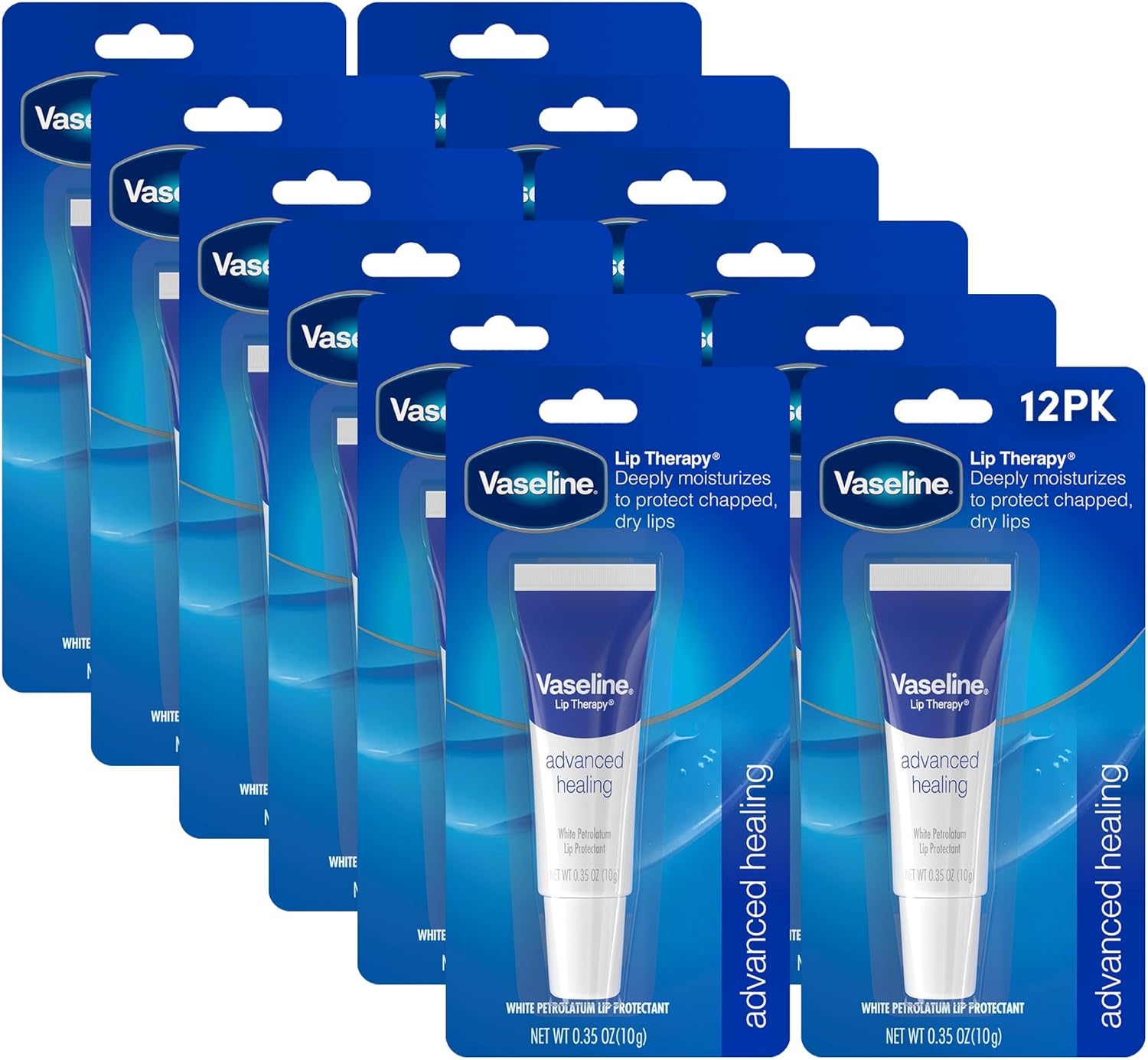 Vaseline Lip Therapy Advanced Healing 12-Pack – White Petroleum Moisturizing Lip Balm for Extremely Dry Lips, 0.35 Oz Ea