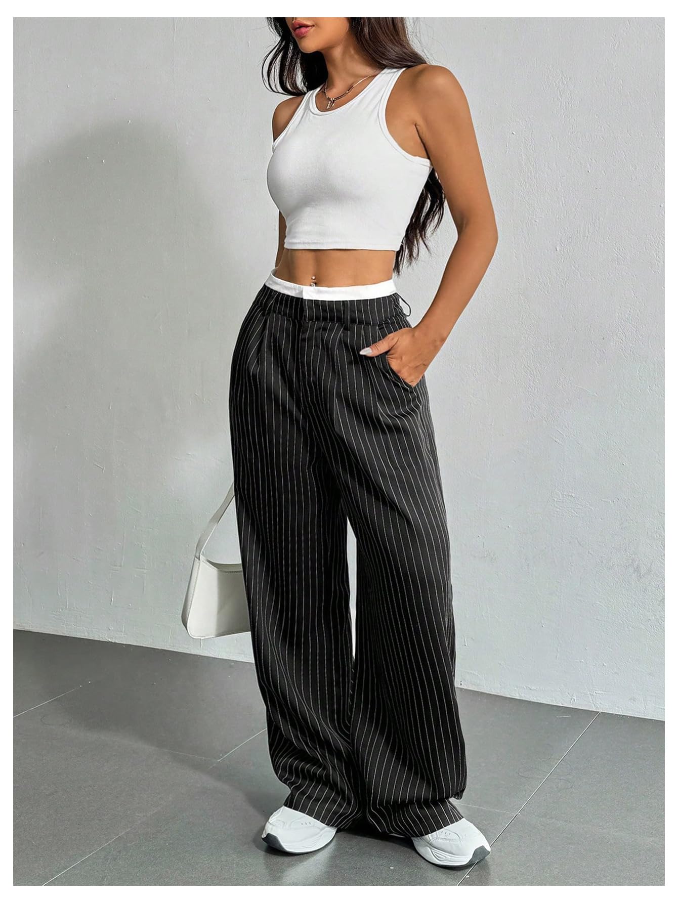 SOLY HUX Women's Striped Pants Color Block High Waisted Wide Leg Casual Work Office Long Trousers