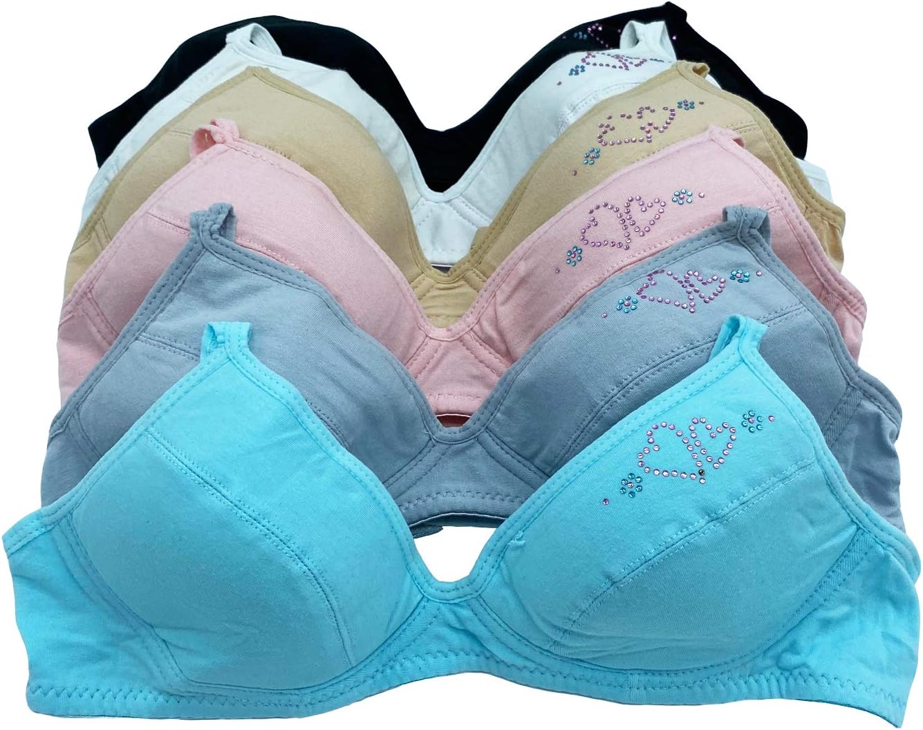Pink Lover 6 Packs Teenager Girl's Cotton Wire Free Junior Training Bra 30A 32A 34A 36A (30A)