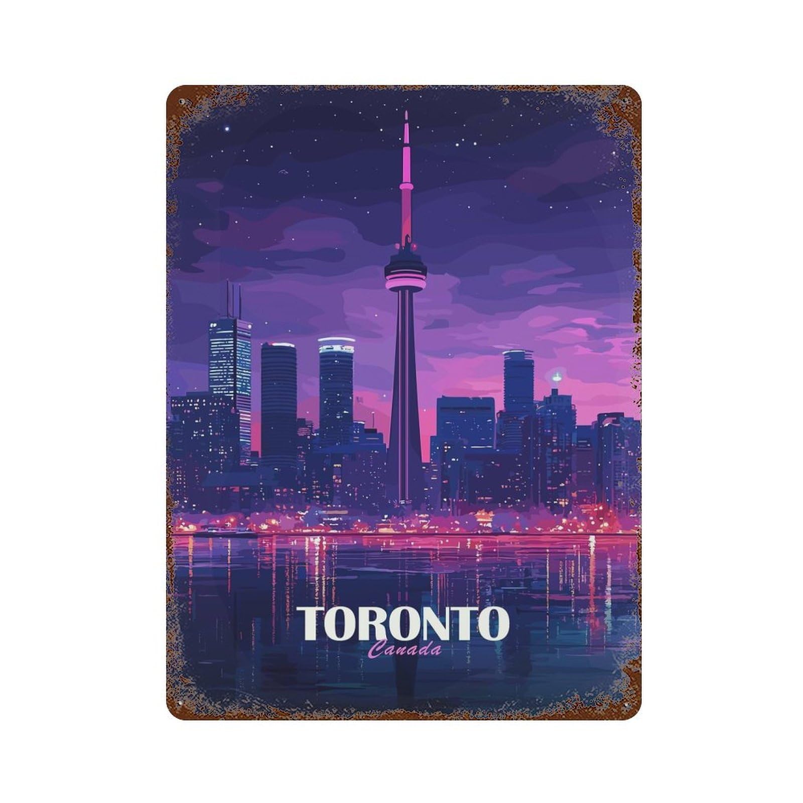 Rustic Tin Plaque Toronto Canada Skyline at Night 15.7"x11.8", Rustic Home Decor for Office, Studio And Wall Decor