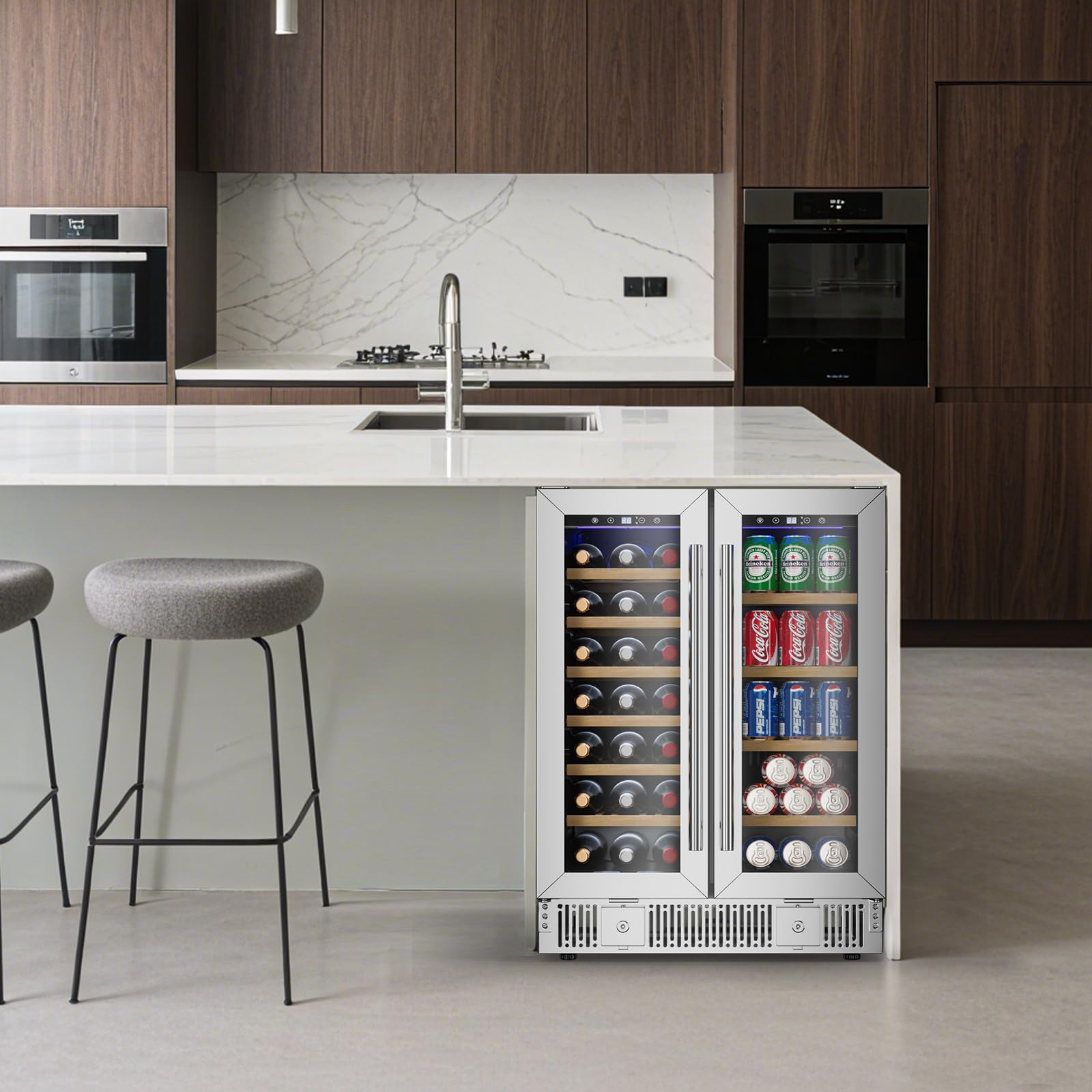 Tabu Wine And Beverage Refrigerator, 24 Inch Dual Zone Wine Cooler With Glass Door&Lock, Built-In Or Freestanding Beverage Fridge Hold 21 Bottles And 88 Cans on Fridge.com - View 2