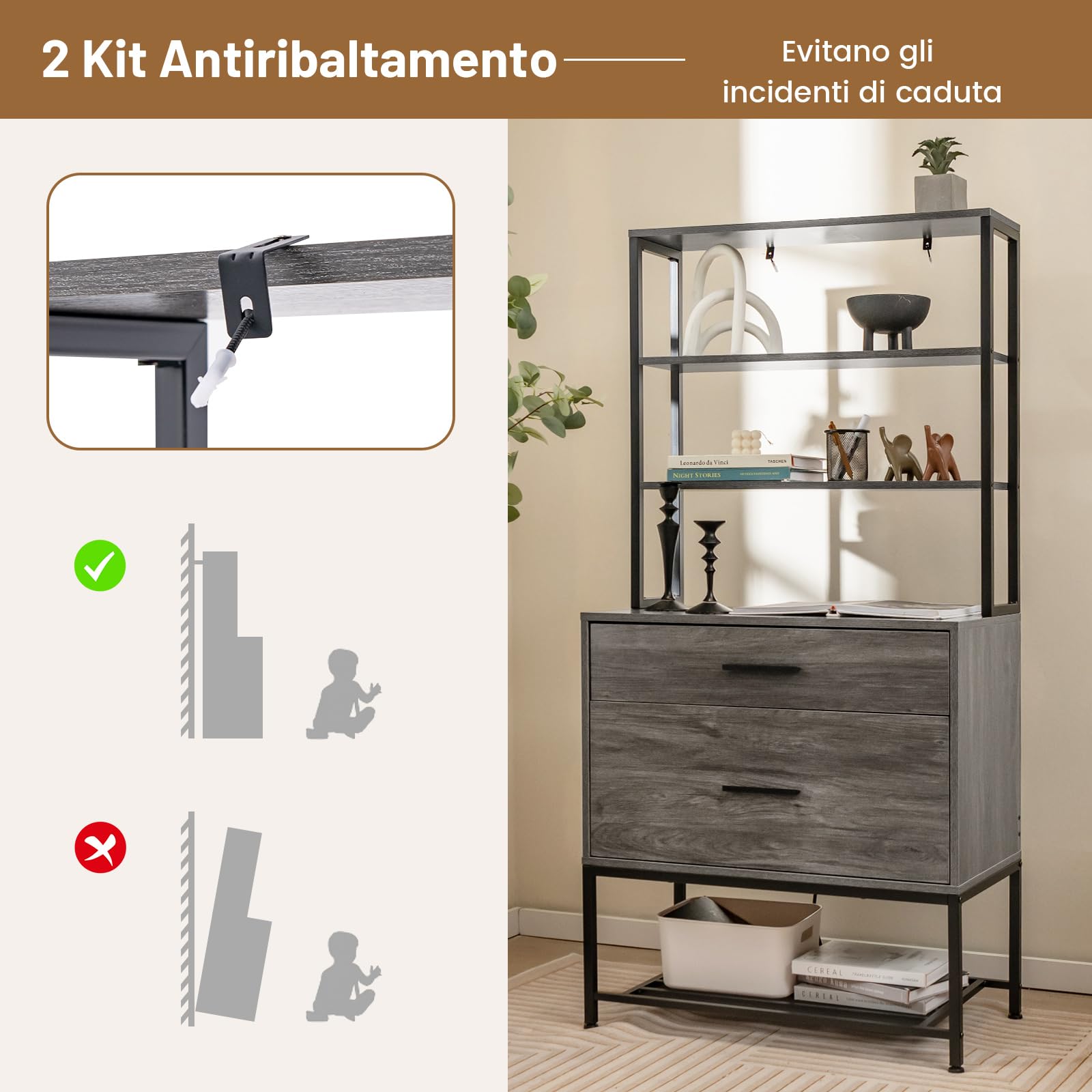 RELAX4LIFE Scaffale Libreria a 5 Livelli, Suppoto per Stampante, Mobile Portadocumenti Schedario da Ufficio, Armadietto Multifunzionale per Soggiorno, Studio, Camere da Letto (GRIGIO)