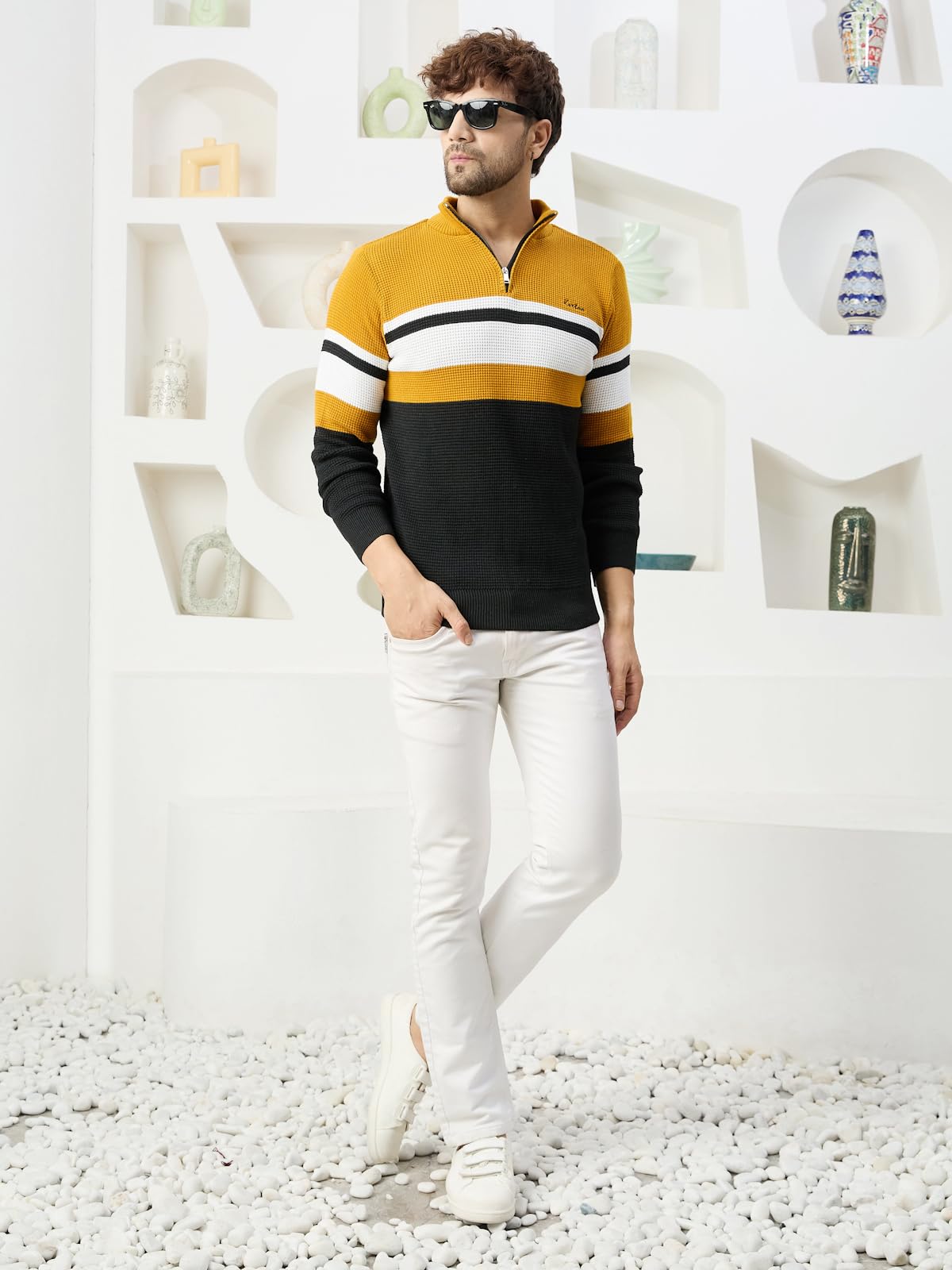 Kvetoo Men High Neck Zip Full Sleeve Woolen Winter Sweater Mustard Black Size XL - Image 8 thumbnail