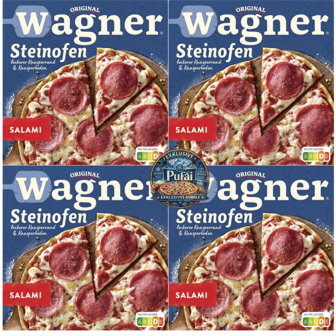 PUFAI Bundle – Steinofen Pizza Salami 320g x4 – Tiefkühlpizza mit Salami, Knuspriger Boden, Ofenfertig, Klassisch