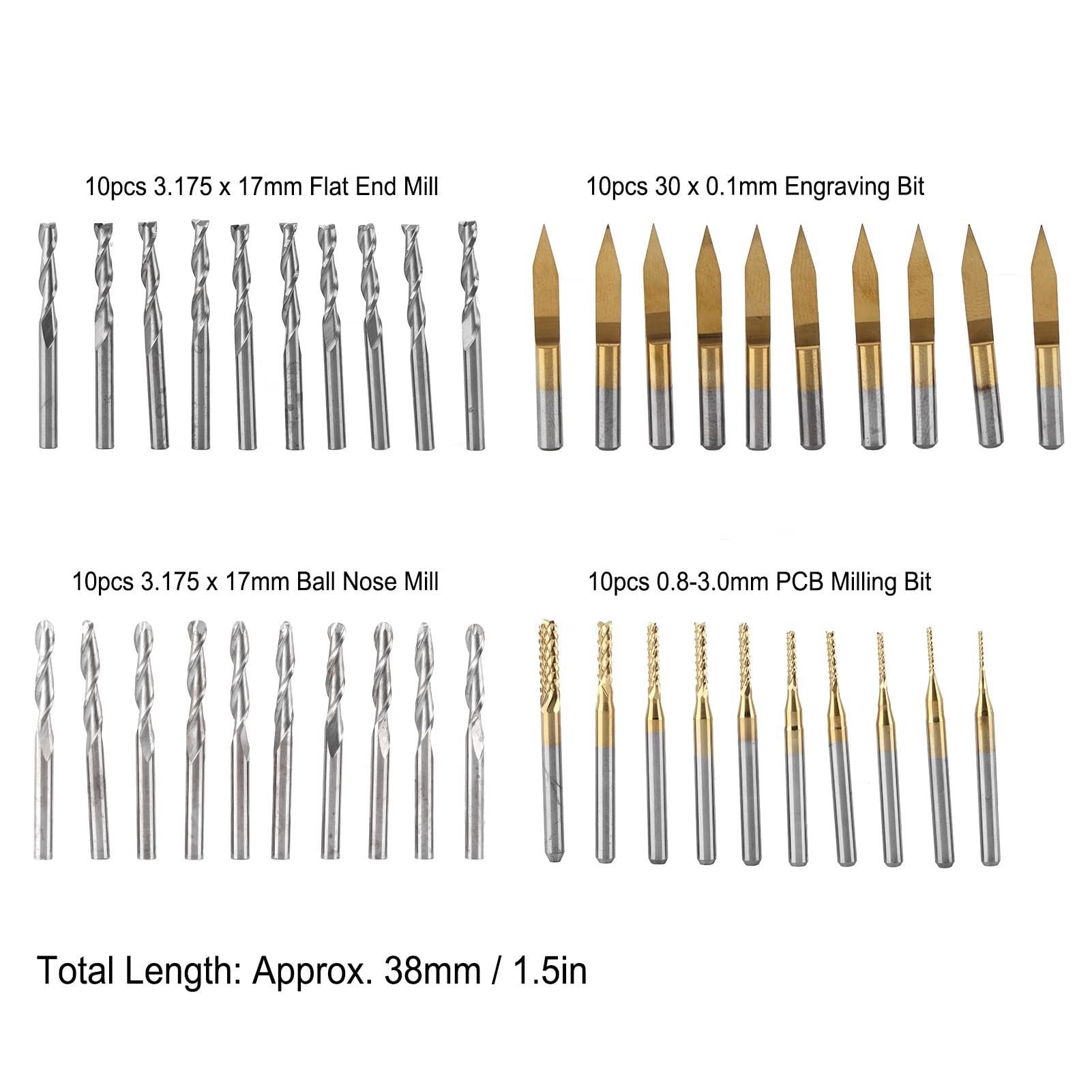 FTVOGUE Set di 40 Frese per Fresa CNC in Acciaio Ad Alta velocità, Gambo da 1,8 Pollici, 4, per Incisione PCB, Taglio in Plastica, Legno, Fresa a Punta Piatta, a Punta Sferica