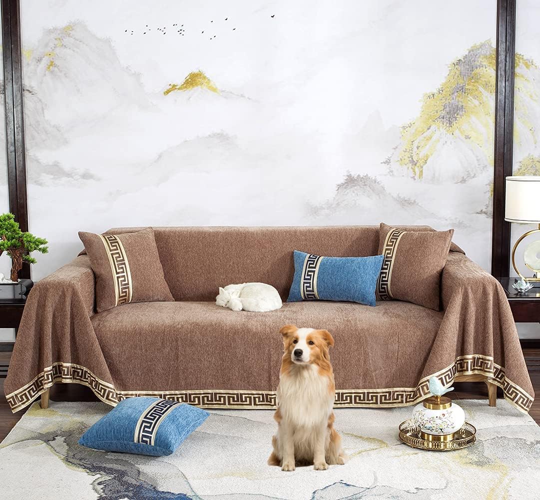 STACYPIKUniversal Modern Sofa Cover for Sectional,Armless Sofa,Love-seat Couch Protector for Dogs,Kids,Cats,Machine Washable Chenille Couch Cover with Jacquard Edge -71" X118"(Sofa, Brown)