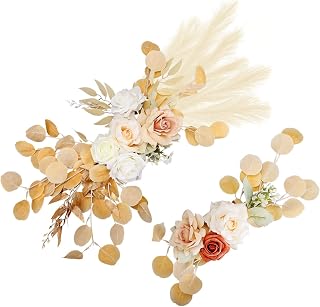 2 Pack Wedding Arch Flowers, Artificial White Rose Flower Swag with Silver Leaves and Pampas Grass, Wedding Chair Flowers Arbor Floral Arrangement for Ceremony Reception Backdrop Decor