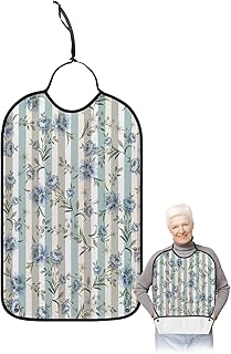 Kewadony Adult Bibs for Elderly Women - Blue Flowers Waterproof Dining Clothing Protectors with Crumb Catcher for Eating/Feeding, Teal Gray Striped Leaf Spring Floral Terry Cloth Bib Machine Washable