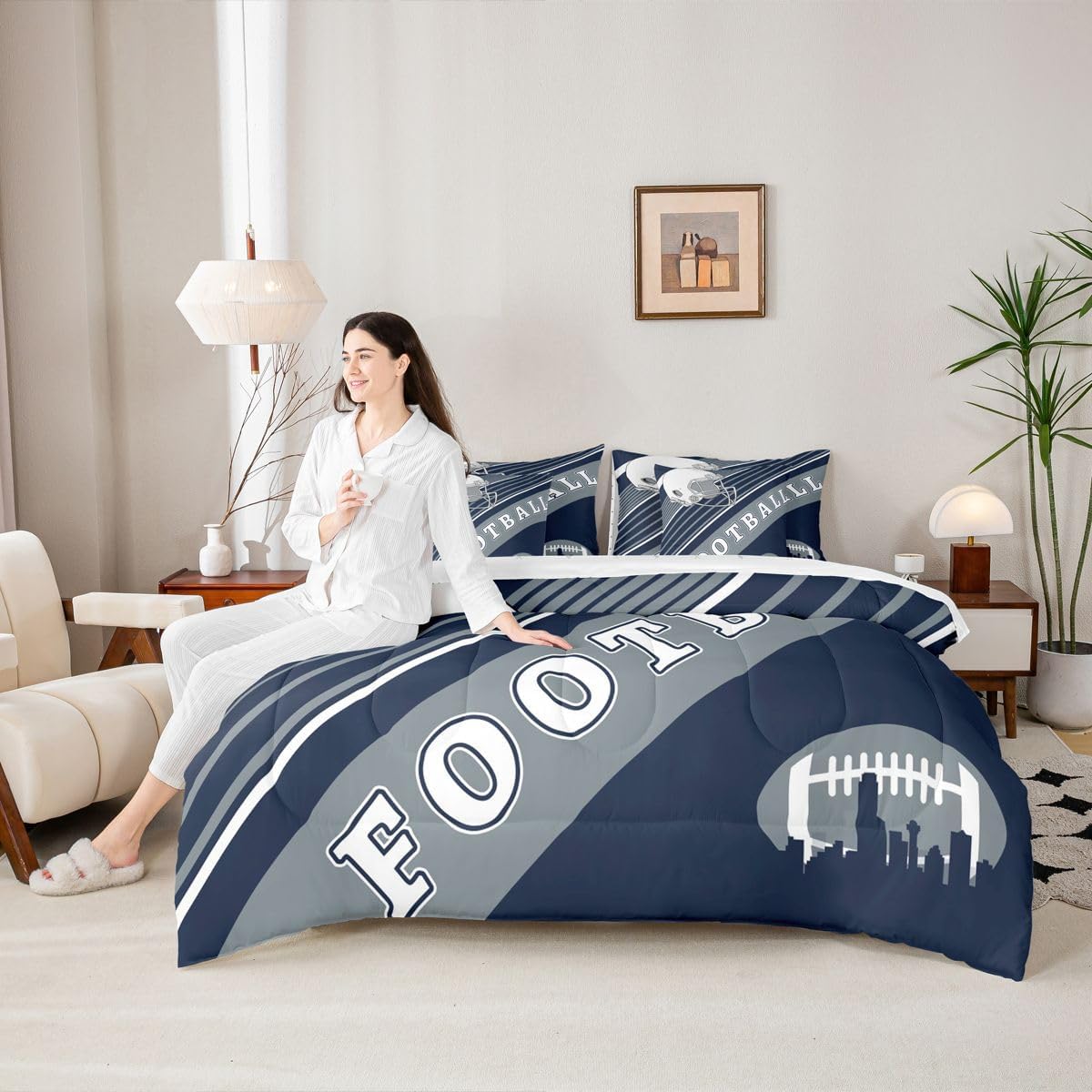 Erosebridal Football Themed Comforter Set Queen Size, 7 Pieces Bed Set in a Bag (Comforter, Fitted Sheet, Flat Sheet, 2 Pillowcases, 2 Throw Pillow Covers),