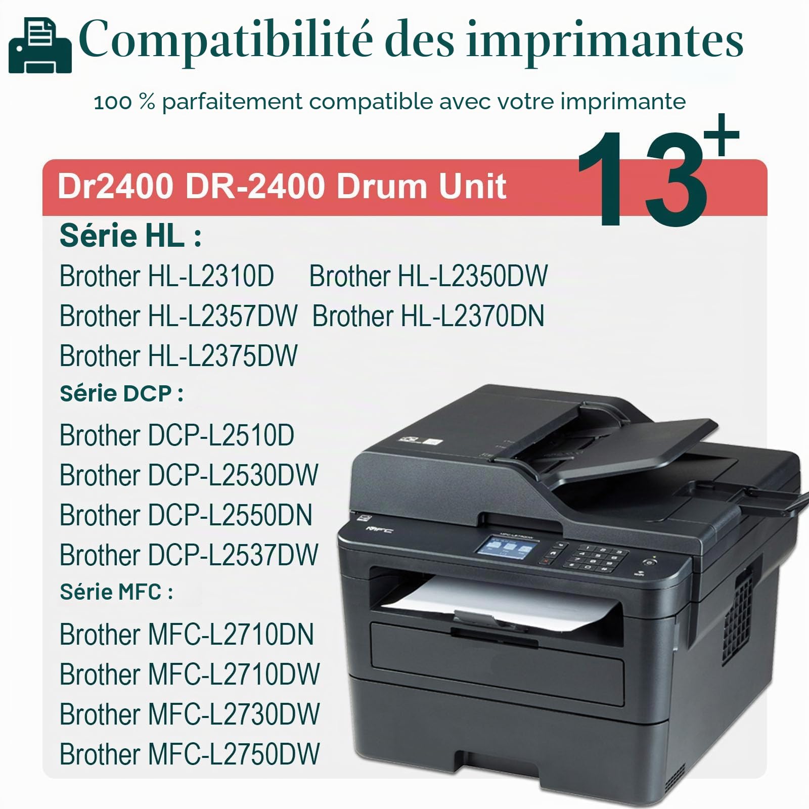 DR2400 DR-2400 Tambour Compatible pour Brother DR2400 DR-2400 pour Brother HL-L2375DW HL-L2310D HL-L2350DN HL-L2370DN DCP-L2510D DCP-L2530DW MFC-L2710DN MFC-L2730DW MFC-L2750DW (2 Noir)