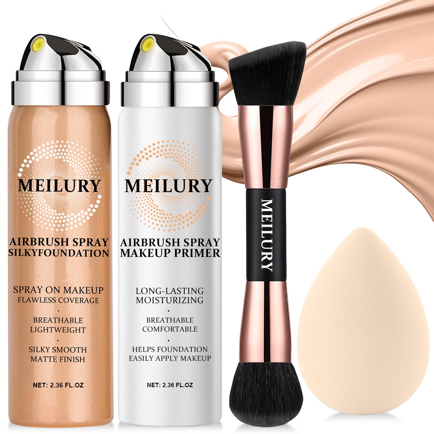 AirBrush Foundation Spray Set, Spray Foundation Makeup and Hydrating Face Air Primer Kit, Longwear Waterproof Liquid Matte Foundation Mist for Flawless Look (01 Natural)