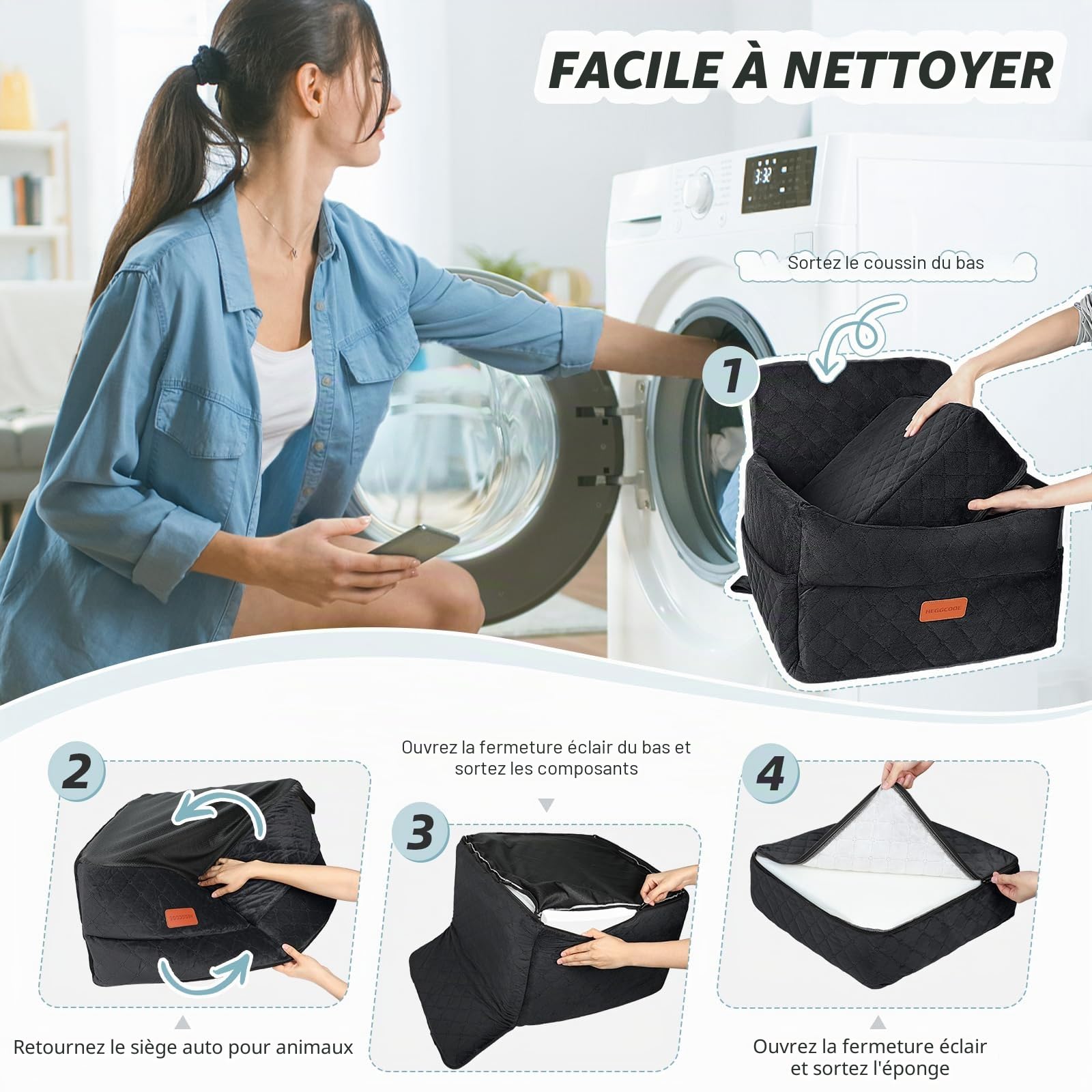 HEGGCOOE Siège auto pour petit chien en mousse à mémoire de forme avec coussin épais pour chiens de moins de 16 kg, amovible, lavable