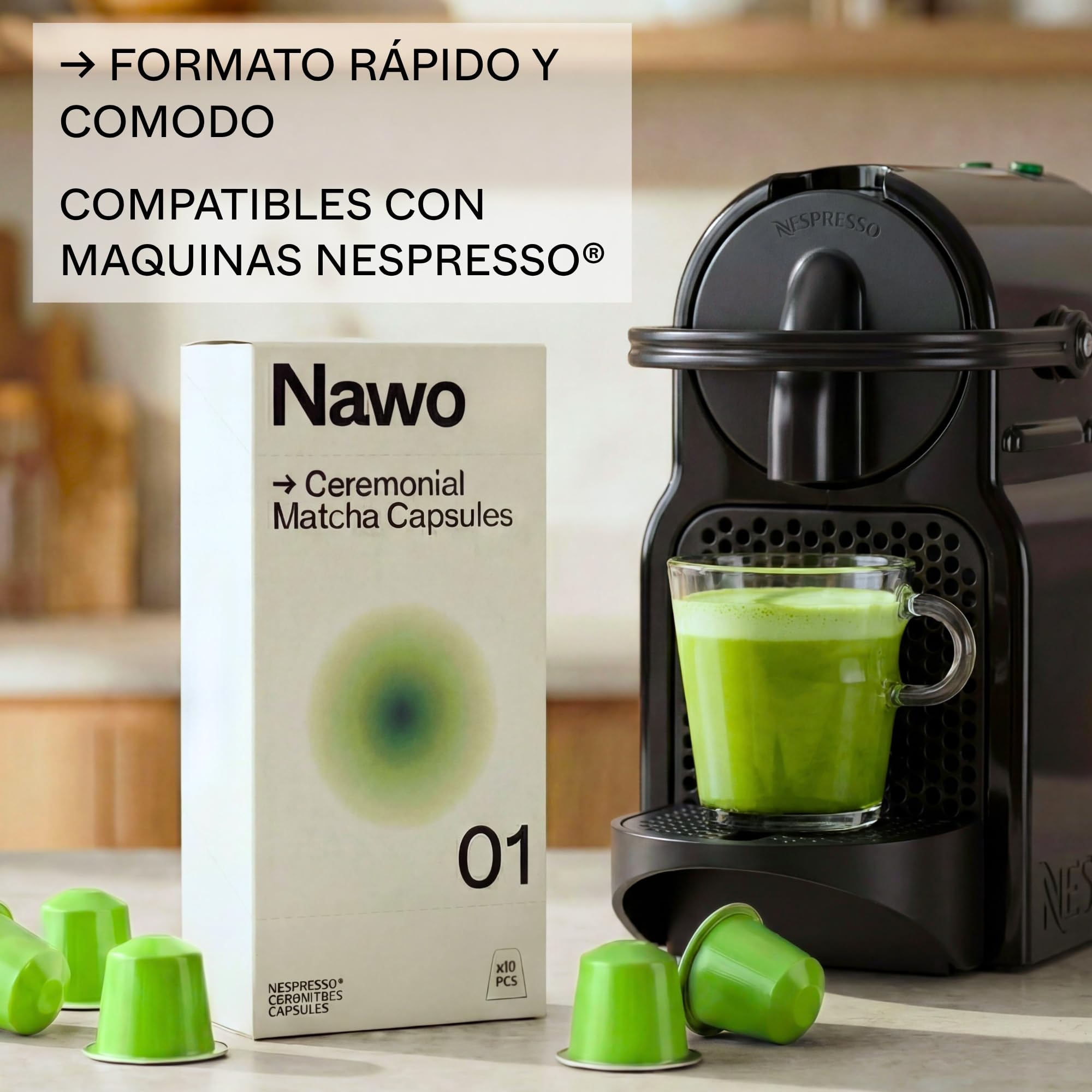 10 Cápsulas de Té Matcha Ceremonial – Compatibles con Nespresso®, 100% Natural, Té Verde en Polvo, Ideal para Matcha Latte, Sin Azúcares Añadidos ni Conservantes – NAWO® Matcha