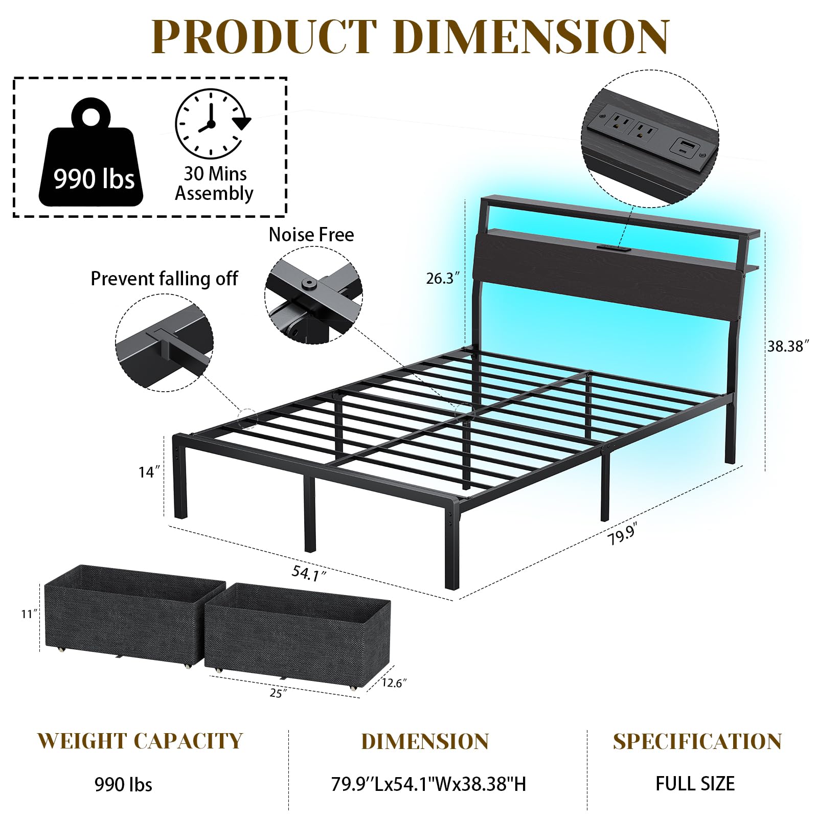 Full Bed Frame with Storage & Drawers, Double Bed Frame with Charging Station & LED Lights, Full Metal Bed Frame with Upholstered Headboard, Platform Bed Frame Noise-Free/Assembly Easily, Black