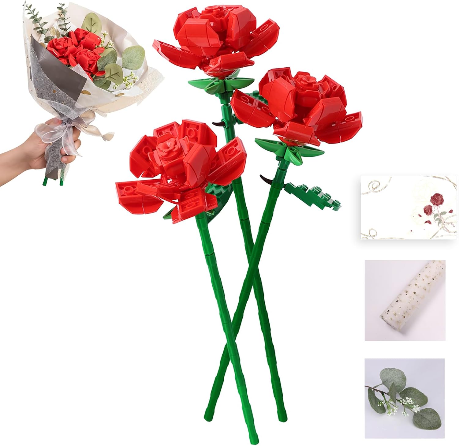 Botanical Roses Building Set, 3 Red Roses | Greeting Card Included, Gift Wrap Included, Creative Home Decor Centerpiece, Valentine's Day Gift for Adults