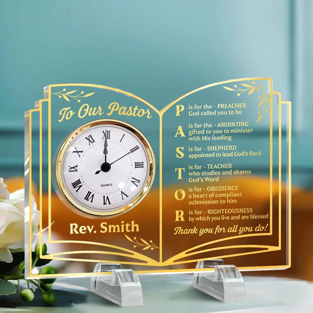 Thank You Pastor - Personalized Acrylic Desk Clock, Pastor Appreciation Gift, Pastor Gifts for Men Women, Thank You Presents for Pastor Preacher, Religious Christian Desk Decor