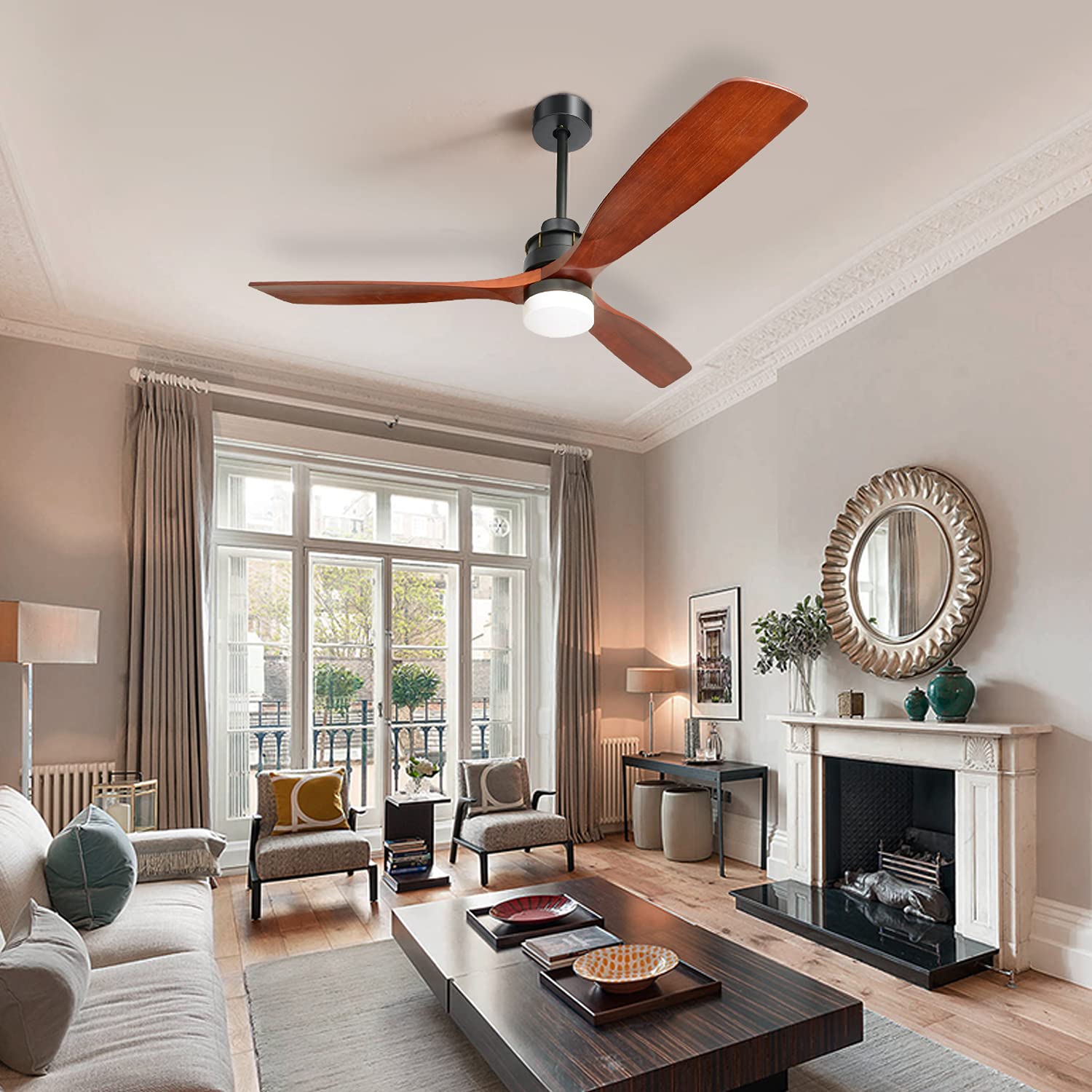Sofucor 60 Inch Ceiling Fan With Lights Remote Control, Modern 3 Carved Blades Wood Ceiling Fan, Outdoor Ceiling Fan with Light, Noiseless Reversible DC Motor for Patios Bedroom