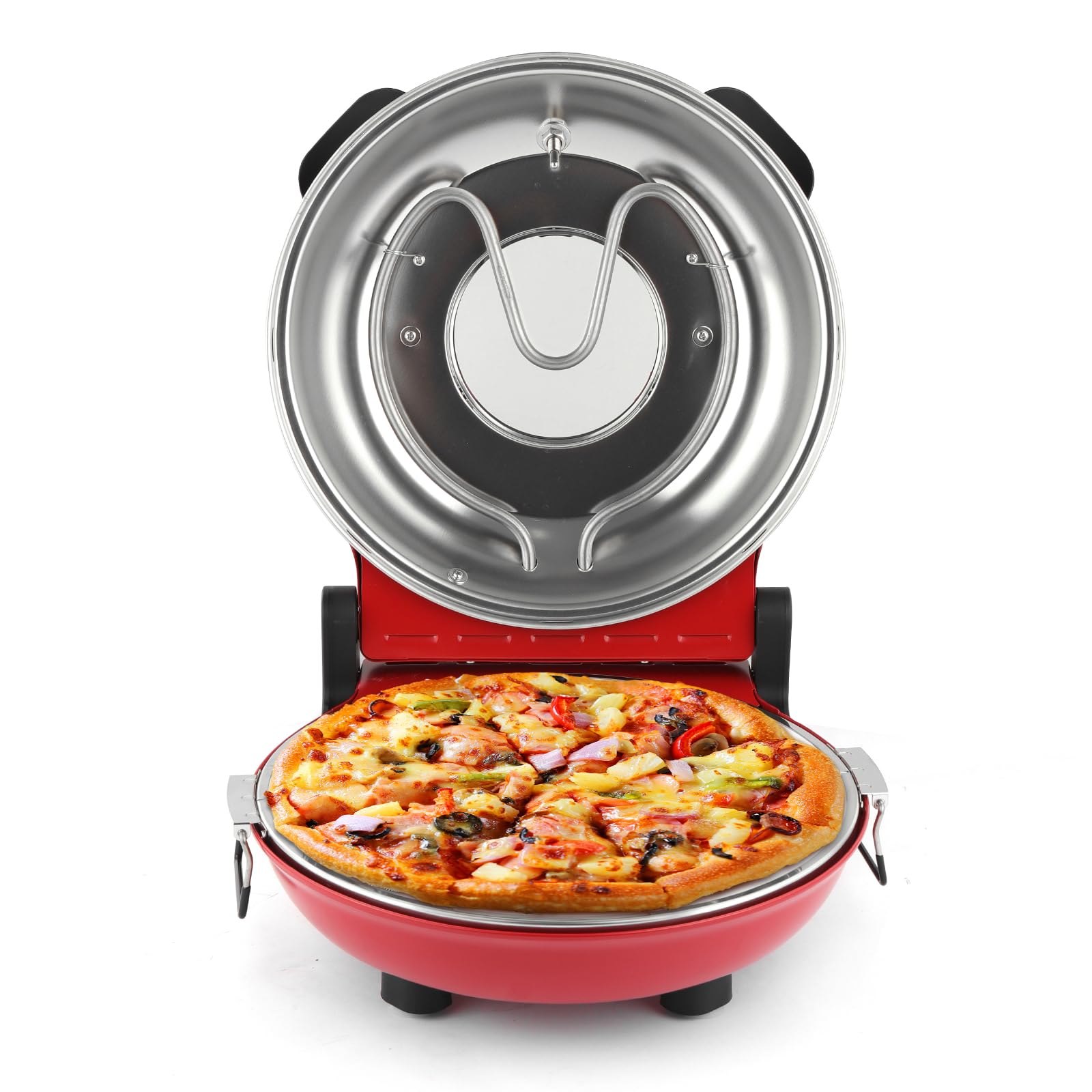 KLAIF Elektrischer Pizzaofen 420 °C, separat regelbare Ober- und Unterhitze, 31 cm Keramik-Pizzastein, inkl. 4-teiligem Pizzazubehör-Set, 1200 W, Modell LMR-Rot