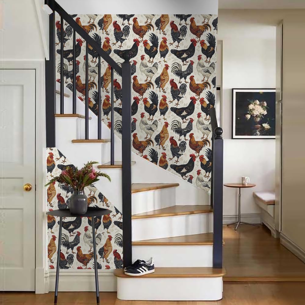 18"x236" Boho Farm Rooster Chicken Peel and Stick Self Adhesive Wallpaper Removable Contact Paper Stick on Easy Peel Off Wall Paper for Kitchen Bedroom Bathroom Renter