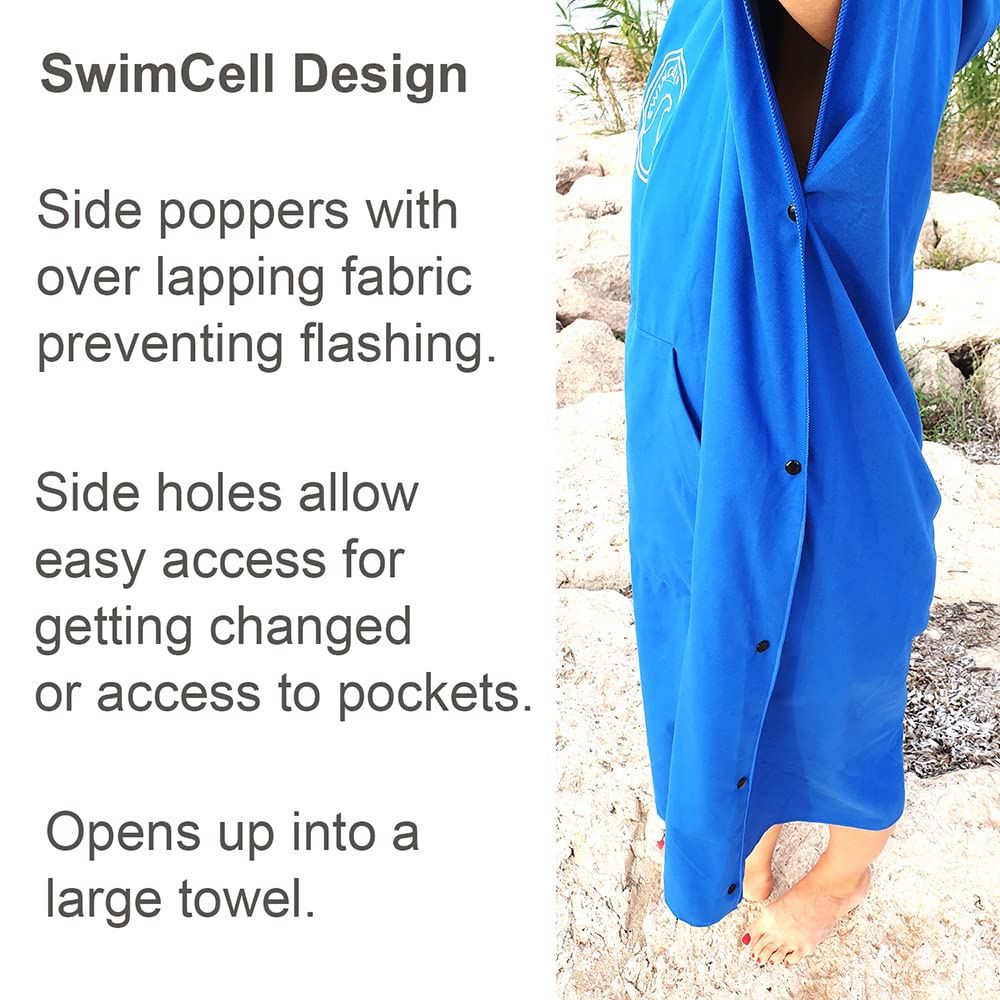 SwimCell Accappatoio in microfibra per donne, uomini e bambini, leggero e ad asciugatura rapida, asciugamano da surf con cappuccio e tasca, si apre in un grande telo mare