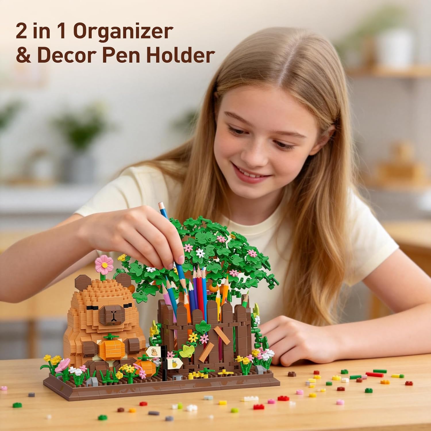 HIGH GODO Capybara Pen Holder Building Set with Flowers, 2 in 1 Cute Capybara Organizer Decor Pen Holder, Arts&Crafts for Home Decor, Easter Birthday Gift for Capybara Lovers, Adult Teens 14+(1400PCS)