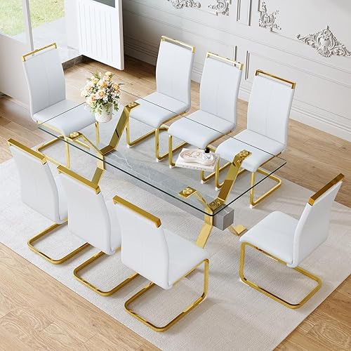 Miniatura 22 de Juego de mesa de comedor de cristal de 71 pulgadas para 6 personas | Juego de mesa de comedor moderno para 6 con sillas de piel sintética | Mesa de