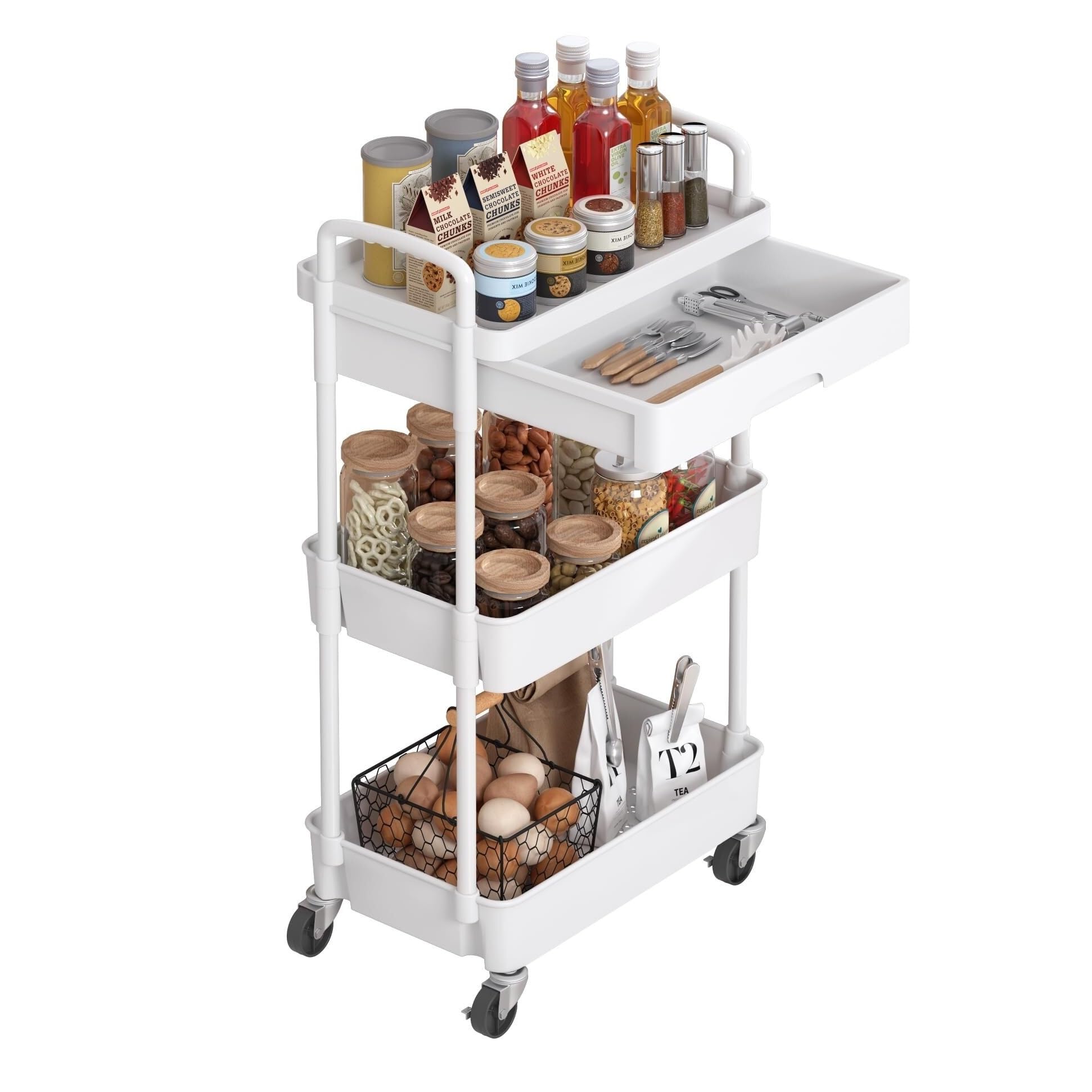 Carro Cocina Carro Auxiliar Carrito Cocina Carrito Móvil Con Ruedas Y Cajón, Carrito Utilitario, Carrito De Almacenamiento De Cocina Con Estante De Plástico, Ruedas De Metal Para Oficina Y Baño Carrit