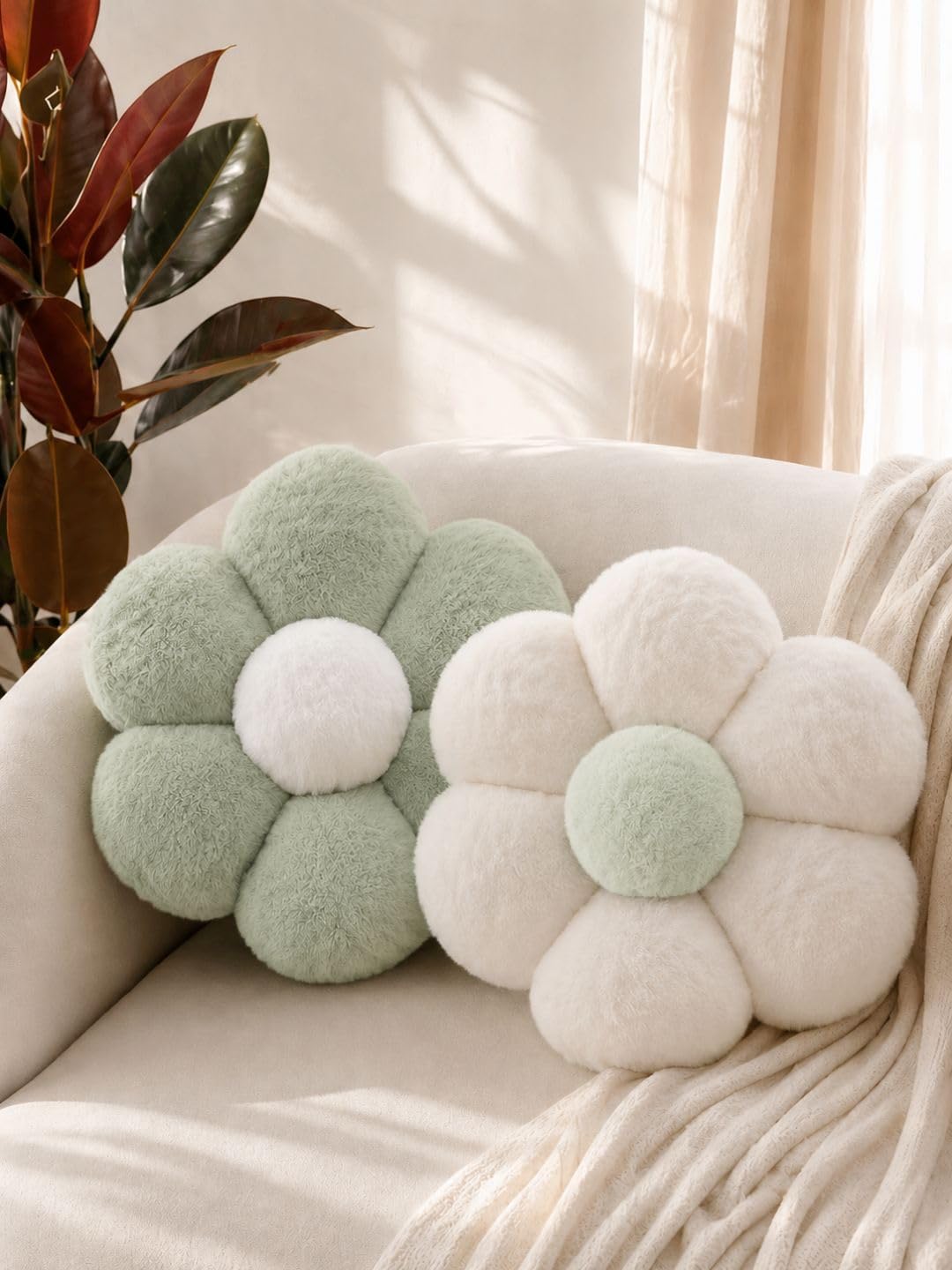 Set of 2 Premium Flower Plush Cushions Soft Decorative Throw Green & Off White Pillows for Sofa Bed Room Decor-image-17