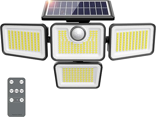 Luces solares de 4500 lm para exteriores, 4 cabezales ajustables, luces con sensor de movimiento, 3 modos, luces de pared de seguridad solar
