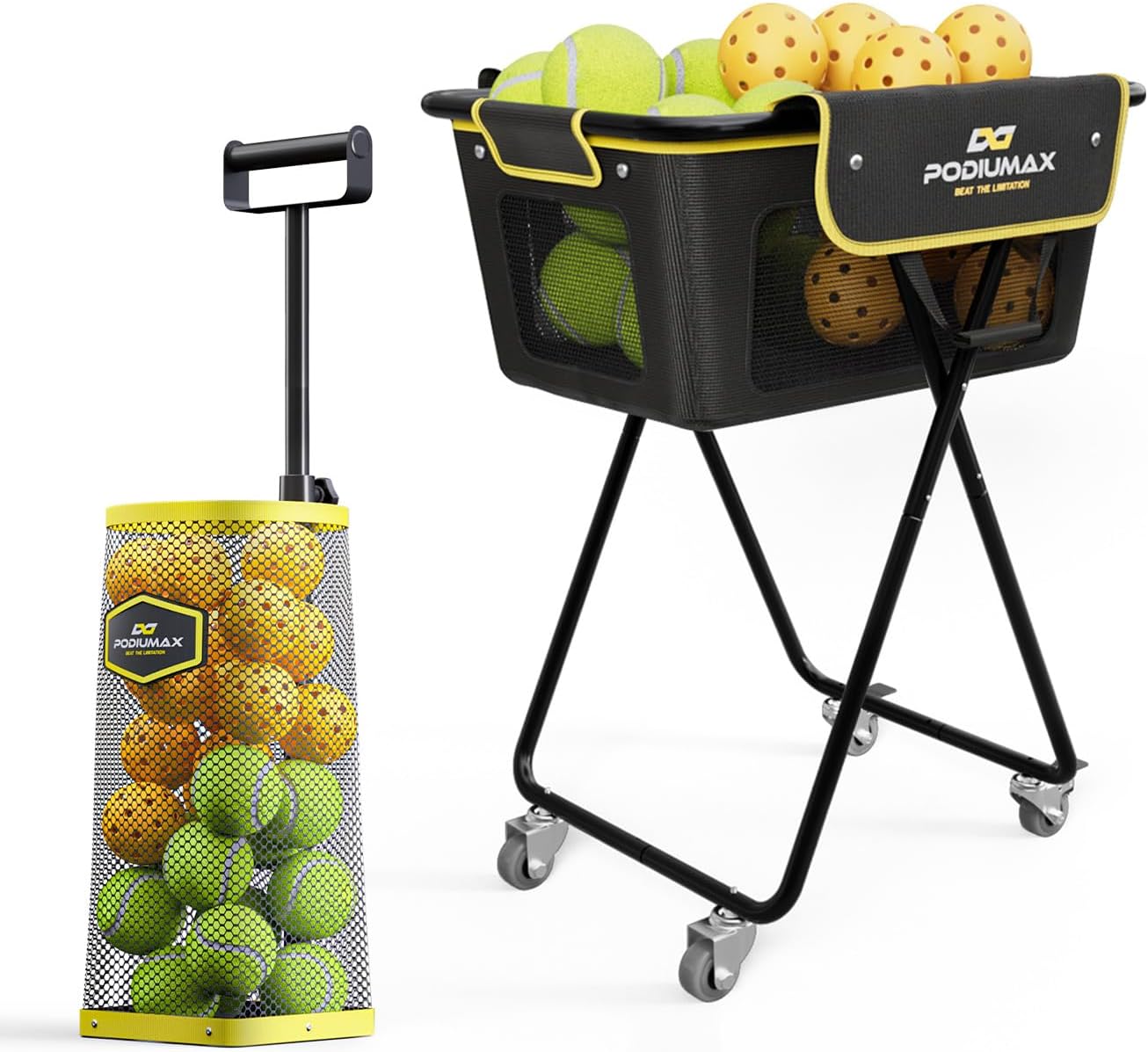 PodiuMax Tennis Ball Picker Upper & Pickleball Tennis Ball Hopper, Portable Tennis Ball Basket for Learners & Coaches