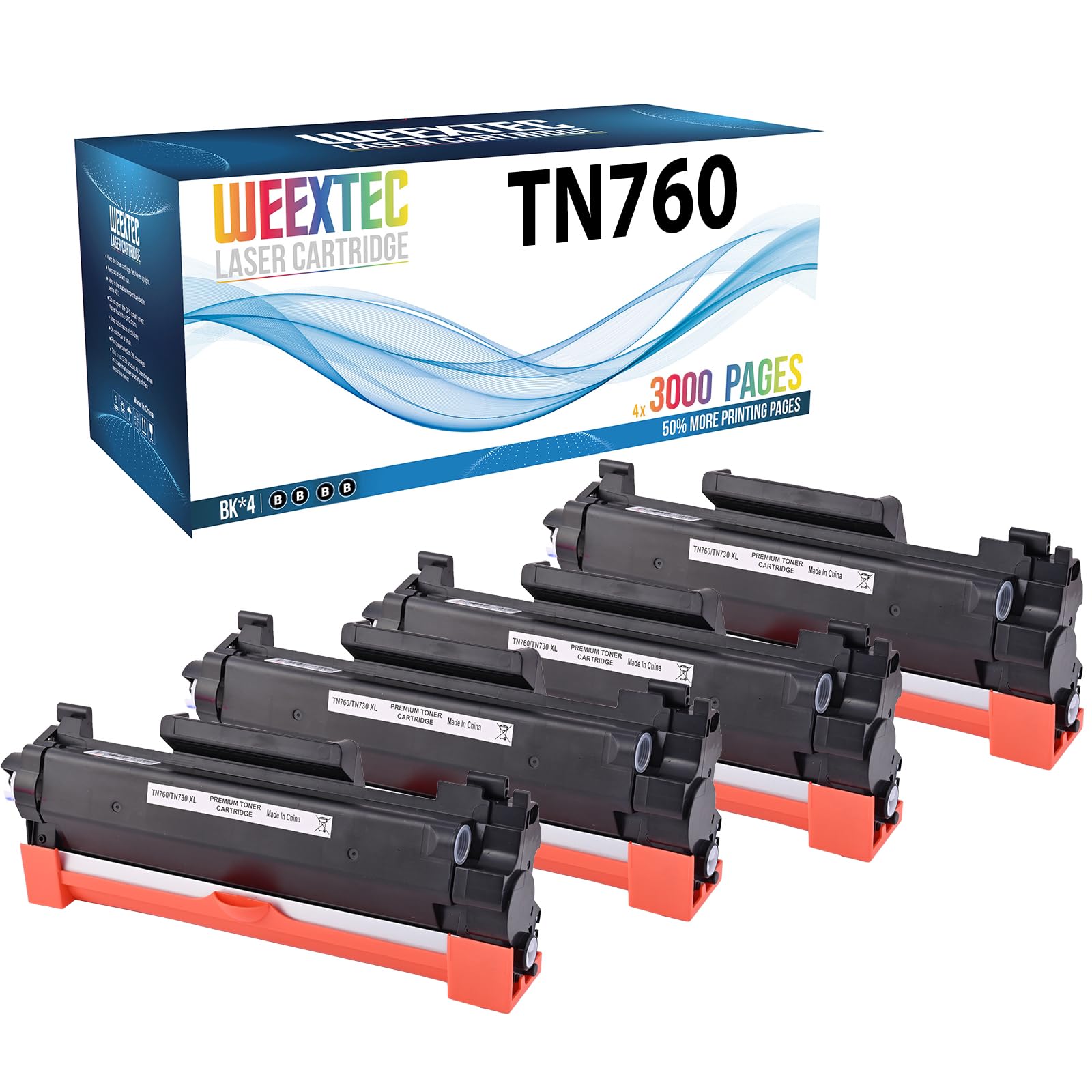 WEEXTEC TN760 Compatible Toner Cartridges Replacement for Brother,TN760 TN-760 TN730 TN-730 for HL-L2350DW DCP-L2550DW HL-L2395DW HL-L2390DW HL-L2370DW, 4 Pack
