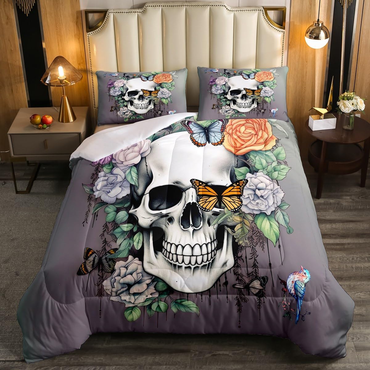 Erosebridal Rose Skull Comforrter Set Queen,Goth Bird Butterfly Comforter Retro Gothic Sugar Skull Bedding Set for Girls Teens Women Men,Black White Sketch Skeleton Quilted Duvet Vintage Green 3 Pcs