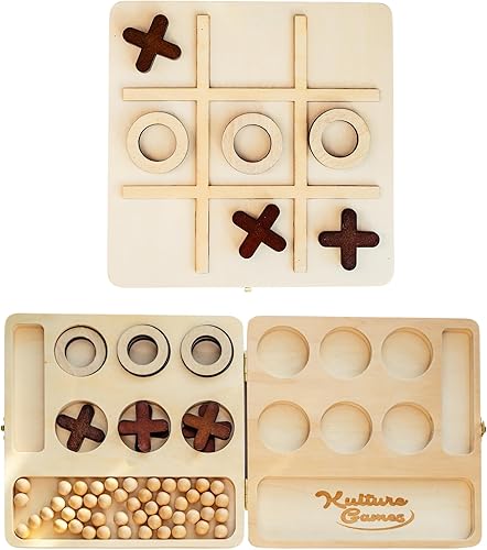 Kulture Games Juego de mesa 2 en 1 Mancala Tic Tac Toe - Juego de Mancala plegable de madera para todas las edades - Portátil, diseño estético -