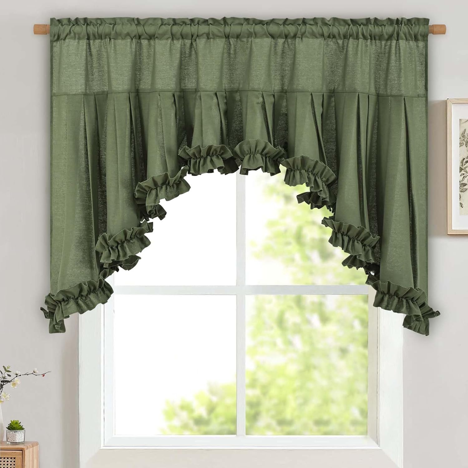 Likiyol Linen Valances for Windows Farmhouse Ruffle Swag Valance Rustic Country Window Valances Light Filtering Kitchen Curtains Rod Pocket Valance Curtains for Bathroom Cafe, Green, 60" W x 36" L