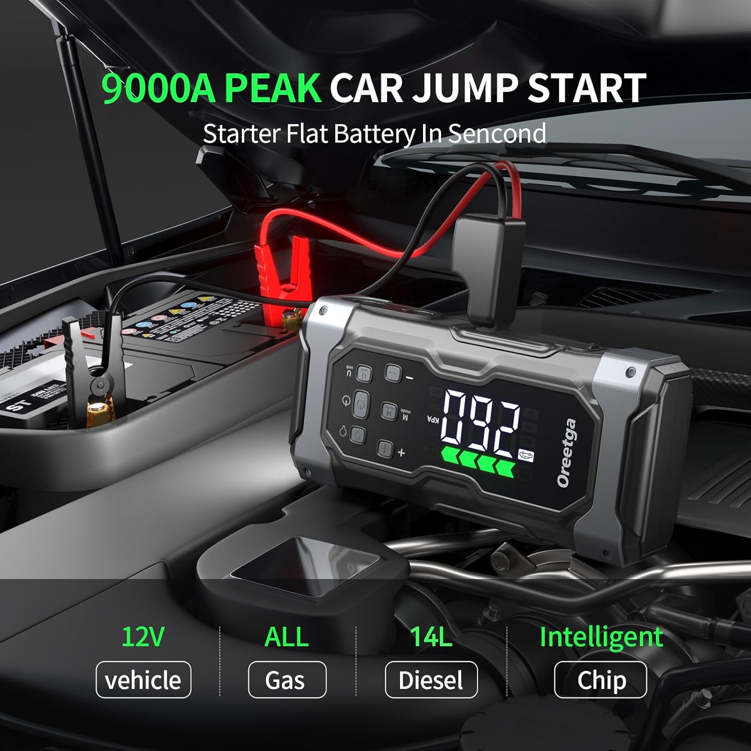 9000A Car Jump Starter with Air Inflator/Deflator Compressor, 9 in 1 Portable Jumper Box Power Pack (All Gas/14L Diesel) Combo Cordless Air Pump for Tire Inflator & Large LCD Screen