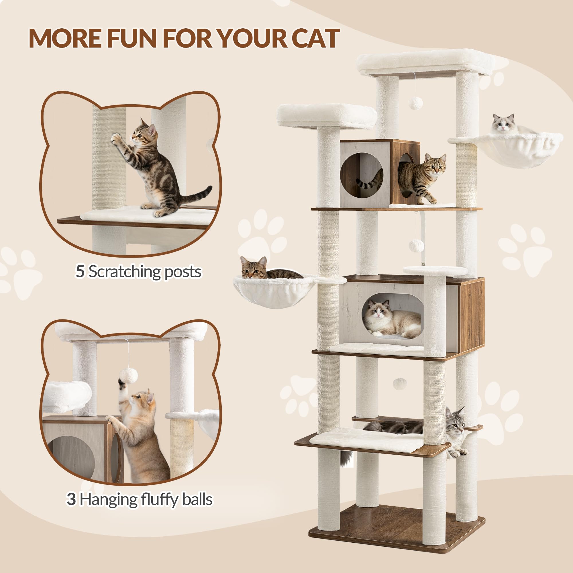 Arbre à Chat XXL, 208 cm Tour de Jeu, Marron et Blanc | Grande Niche et Hamac, 2 Plateformes, 5 Poteaux à griffer, Panier, Pom-poms, pour l'intérieur Moderne FPMS016PWR1