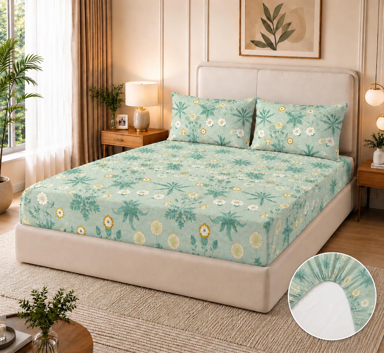 The Chadar Company | Elastic Fitted Bedsheet for King Size Bed, Premium Microfiber, 72 x 78 x 10 Inches with 2 Pillow Covers, Fits Mattress Up to 6 Inches, Ultra Soft, Green Botanicals-image-34