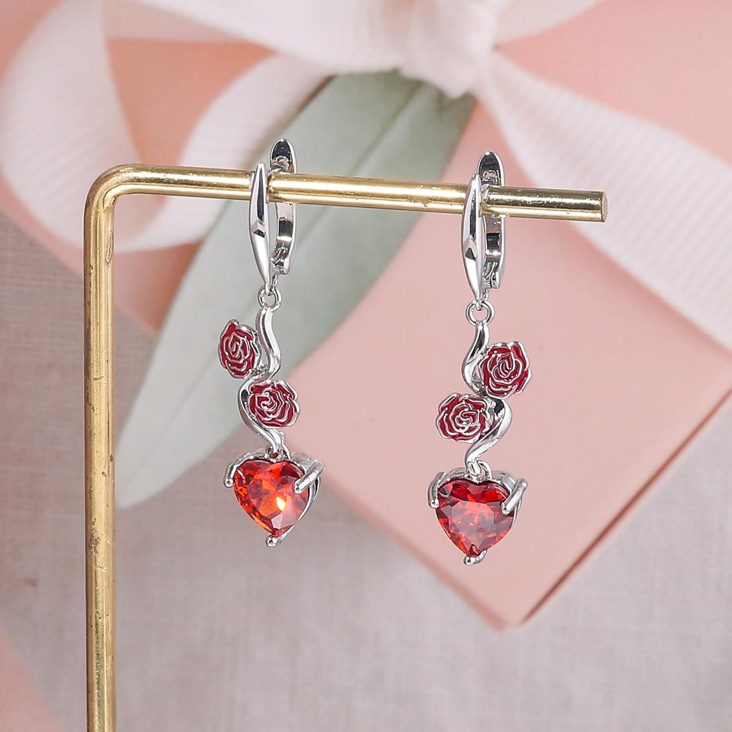 CiNily Heart-Cut Dangle Drop Earrings for Women 14K White Gold Cubic Zirconia Drop Earrings Rose Flower Simulated Diamond Dangle Earrings Jewelry Gifts for Mothers Day Weddings Birthday Party - Image 4