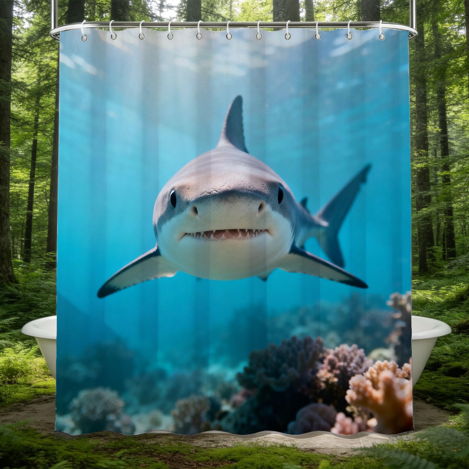 Hongduo 3D Shark Illustration Shower Curtain for Stalls Bathtubs Ocean Blue Bathroom Decor Shower Curtain Set Polyester Fabric Waterproof 180x200cm/71X79 Inch with Hooks