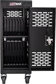 16-Device Mobile Charging Cart with Charging Power Strip and Front and Rear Access Locks, Cable Management, Up to 14", Safe Charging Cabinet for Chromebooks, Tablets, Laptops Black