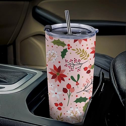 Miniatura 7 de Vaso de 20 onzas con tapa y pajitas de Navidad con aislamiento de acero inoxidable y hojas de nochebuena para bebidas frías y calientes