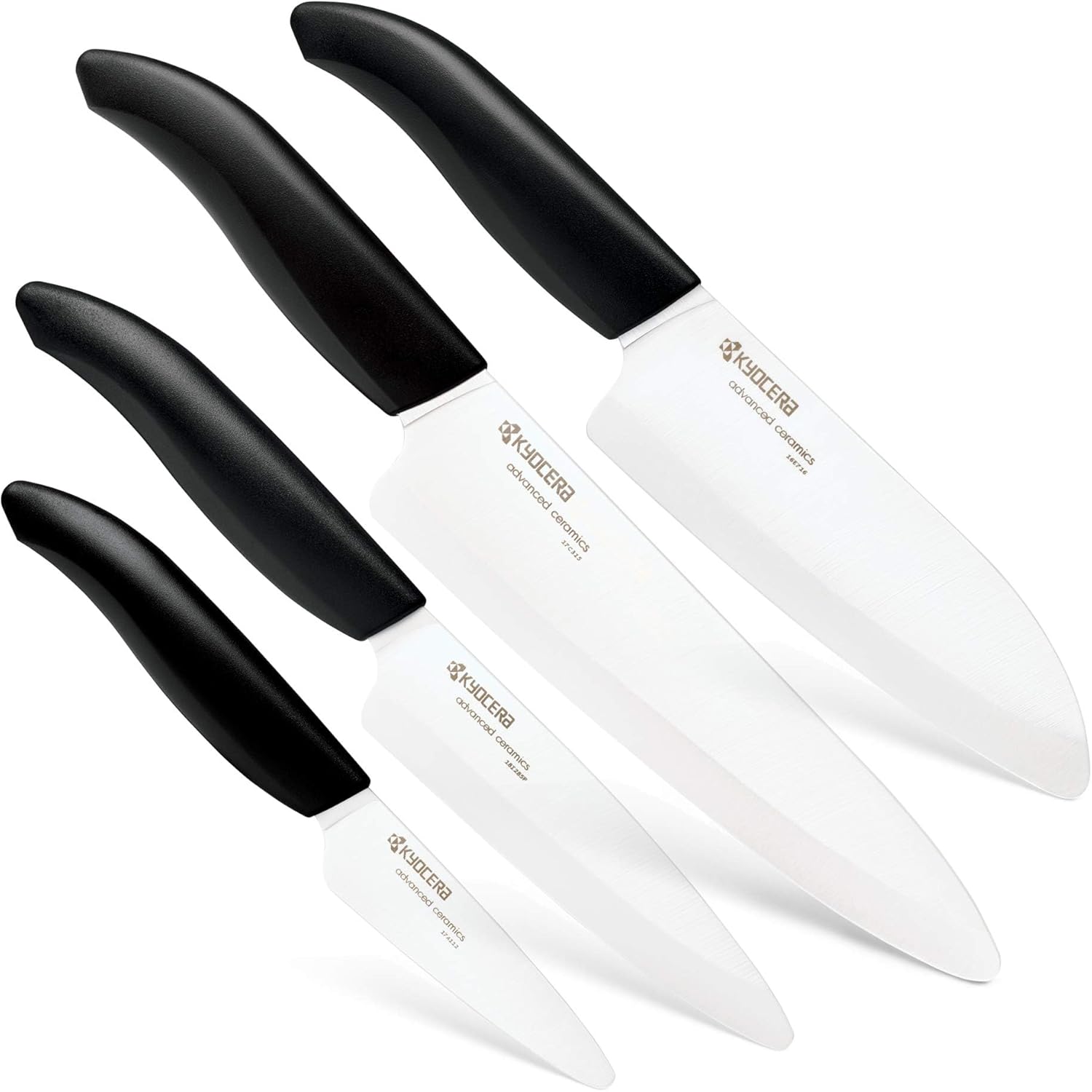 Kyocera’s Revolution 4-Piece Ceramic Knife Set: Ceramic Chef Knife For Your Cooking Needs, 7" Chef's Santoku, 5.5" Santoku, 4.5" Utility & 3" Paring Knives, Black/White