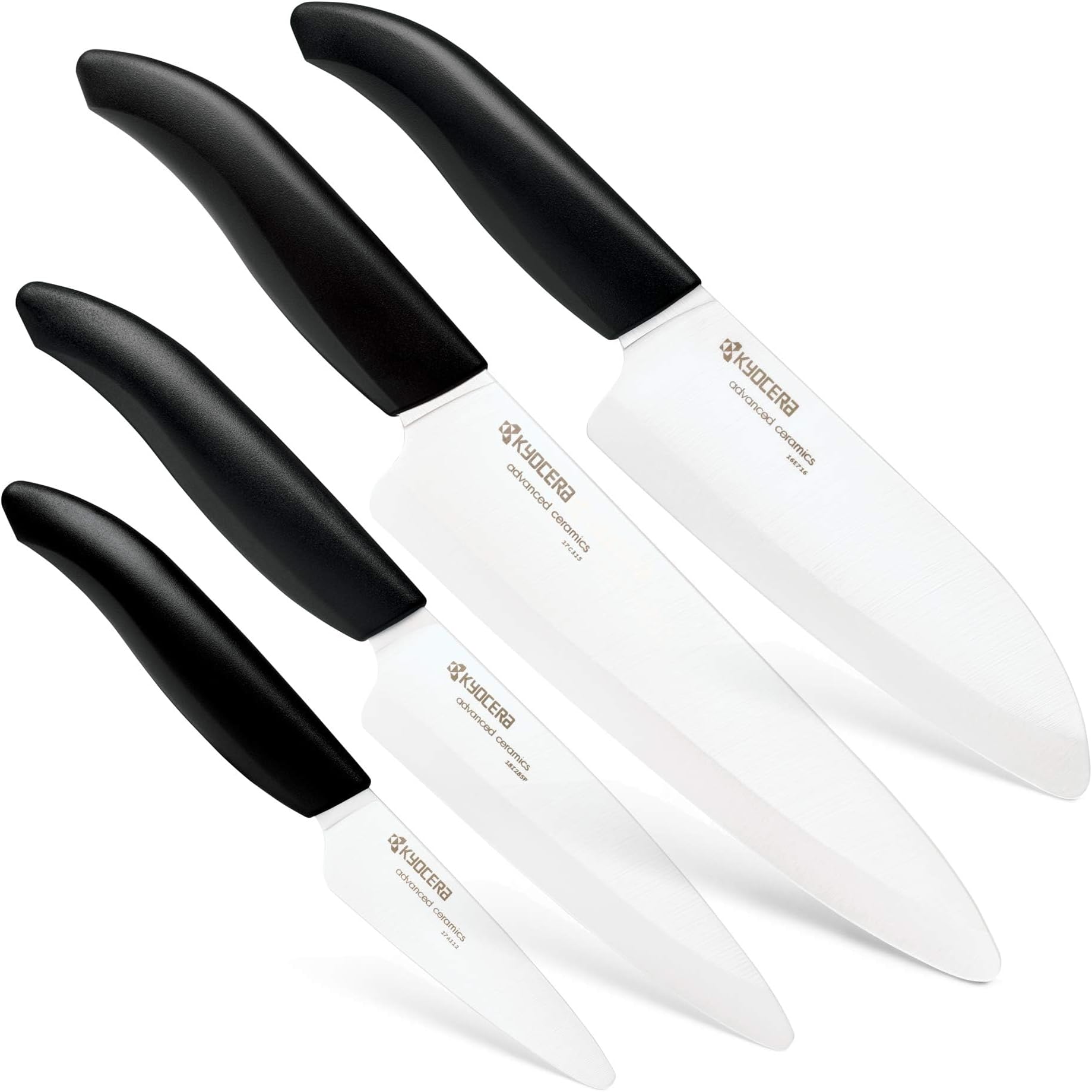 Kyocera’s Revolution 4-Piece Ceramic Knife Set: Ceramic Chef Knife For Your Cooking Needs, 7" Chef's Santoku, 5.5" Santoku, 4.5" Utility & 3" Paring Knives, Black/White