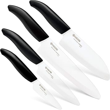 Kyoceras Revolution 4-Piece Ceramic Knife Set: Ceramic Chef Knife For Your Cooking Needs, 7 Chef's Santoku, 5.5 Santoku, 4.5 Utility & 3 Paring Knives, Black/White