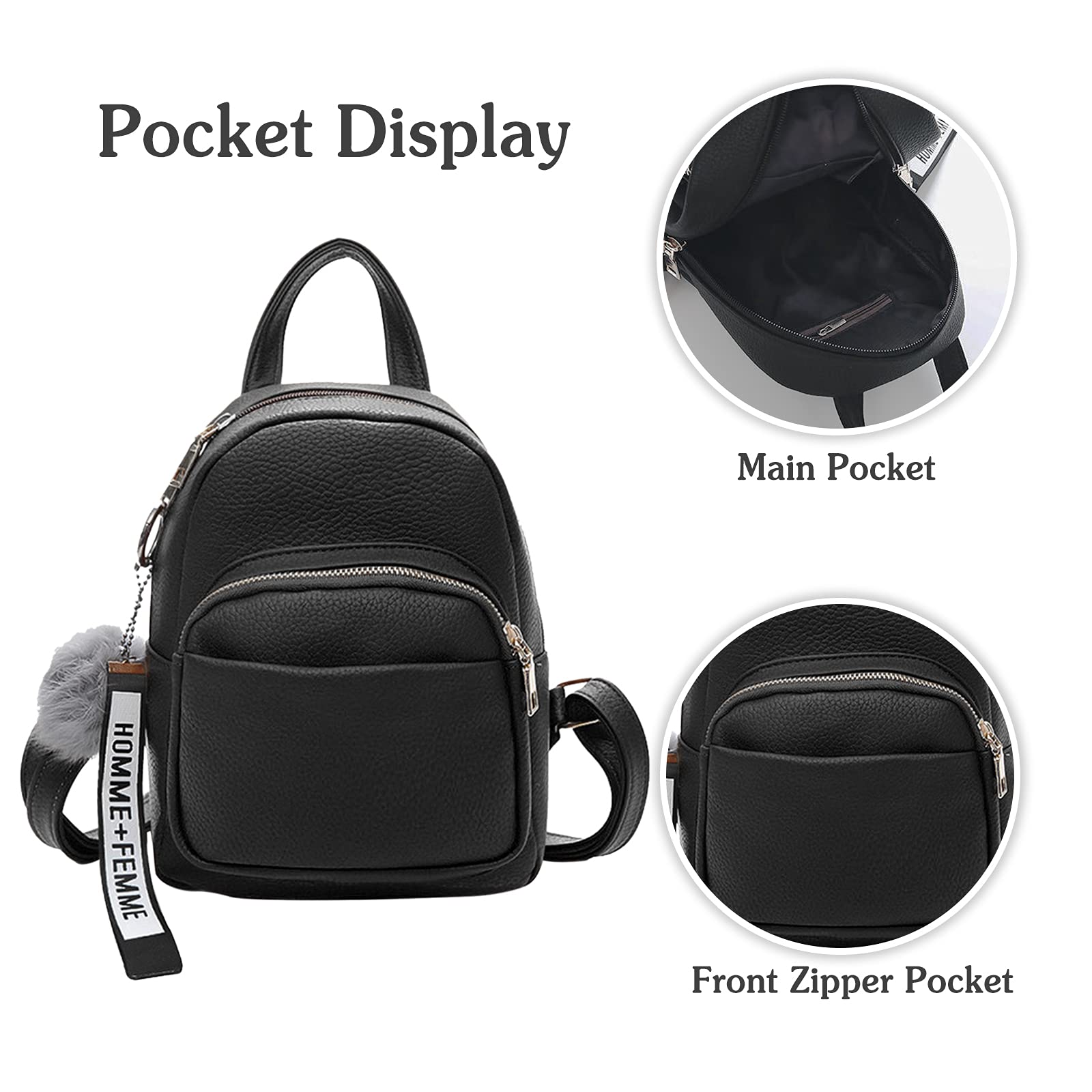 Mode Mini Rucksack Damen Kleiner Daypack mit Pompon Mädchen PU-Leder Rucksäcke für Reisen Dating Täglicher Gebrauch