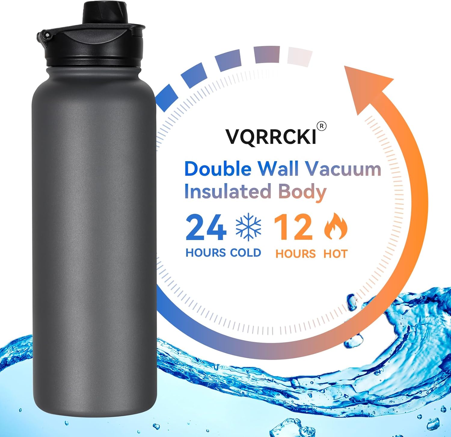 40 oz Insulated Water Bottle with Straw, Stainless Steel Sports Water Bottles with 2 Lids (Straw and Wide Mouth lid), Double Wall Vacuum, Leakproof, BPA-Free, Gray - Image 2