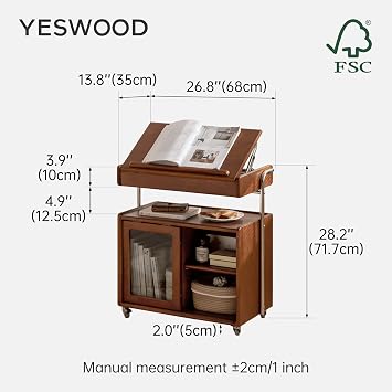 Solid Wood Side Table with Wheels, Mobile End Table with Flip Top and Adjustable Angles, Sofa Table with Multi Storage, Versatile Rolling Bedside Table for Living Room Bedroom (Poplar, Teak Finish)
