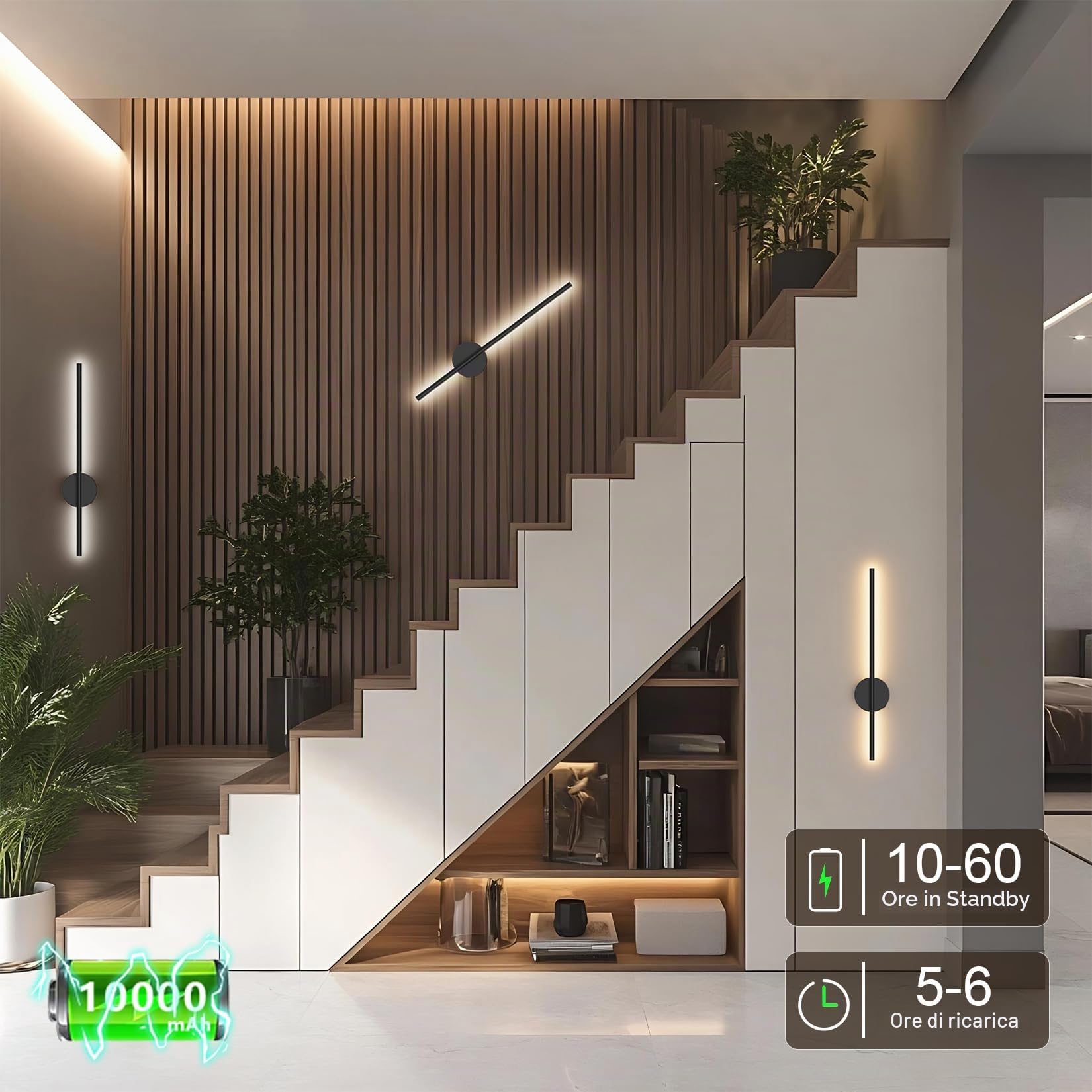Aipsun 2pcs lampada da parete ricaricabile con telecomando per interni, 10000mAh - 60CM Nero 5W 360°lampada da soggiorno ruotabile con Temporizzazione e regolazione, 3000K-6000K, per camera da letto