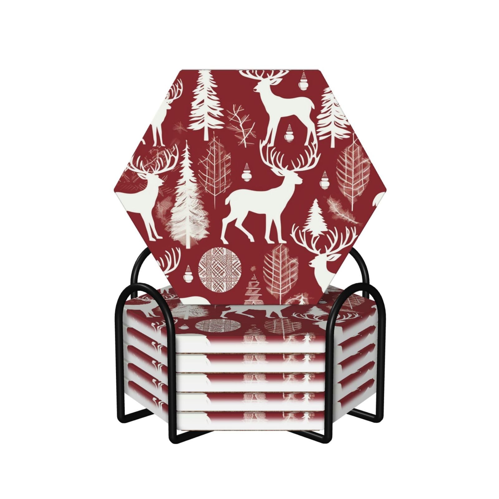 Dessous de verre cerf de Noël en céramique et liège x6 avec support