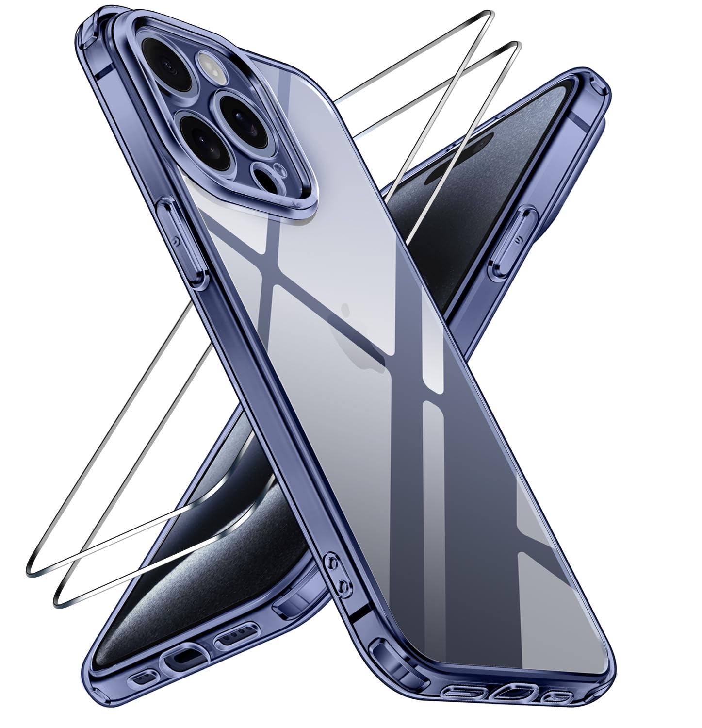 iVoler Etui kompatybilne z iPhone 15/16 Pro z 2 sztukami szkła hartowanego, [nieżółknący] [Odporny na wstrząsy klasy wojskowej] [Ochrona aparatu] (niebieski, 15 Pro 6,1 cala)
